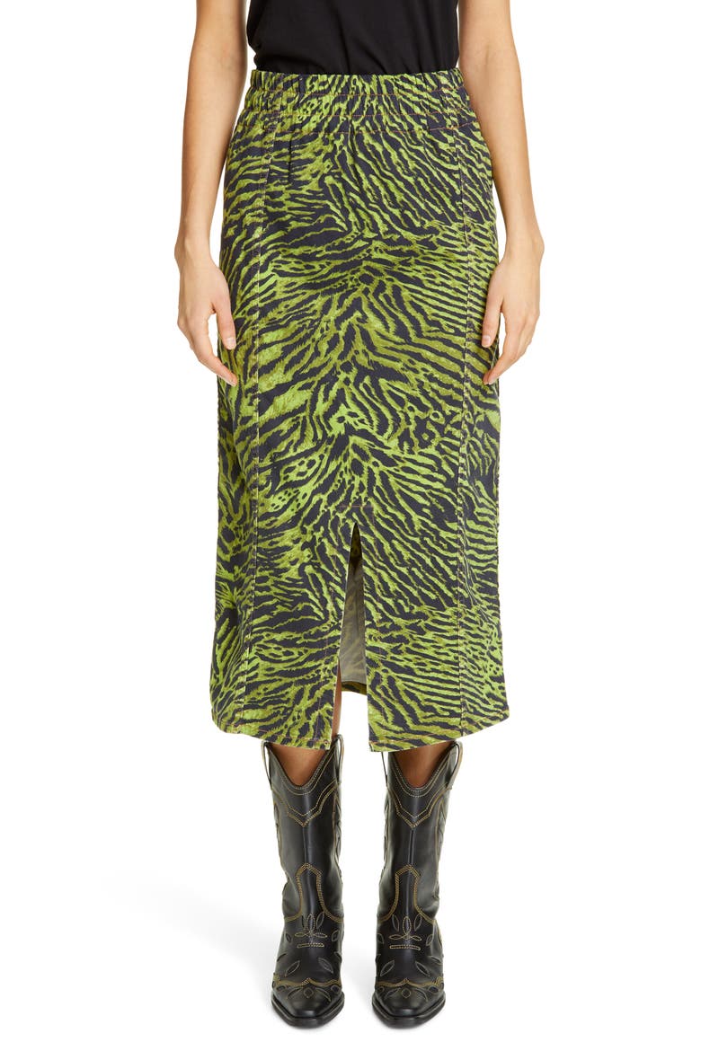 Tiger Print Denim Midi Skirt, Main, color, LIME TIGER