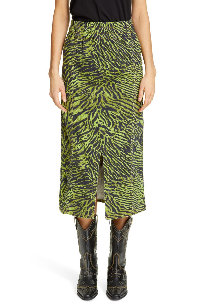 Ganni Tiger Print Denim Midi Skirt, Main, color,