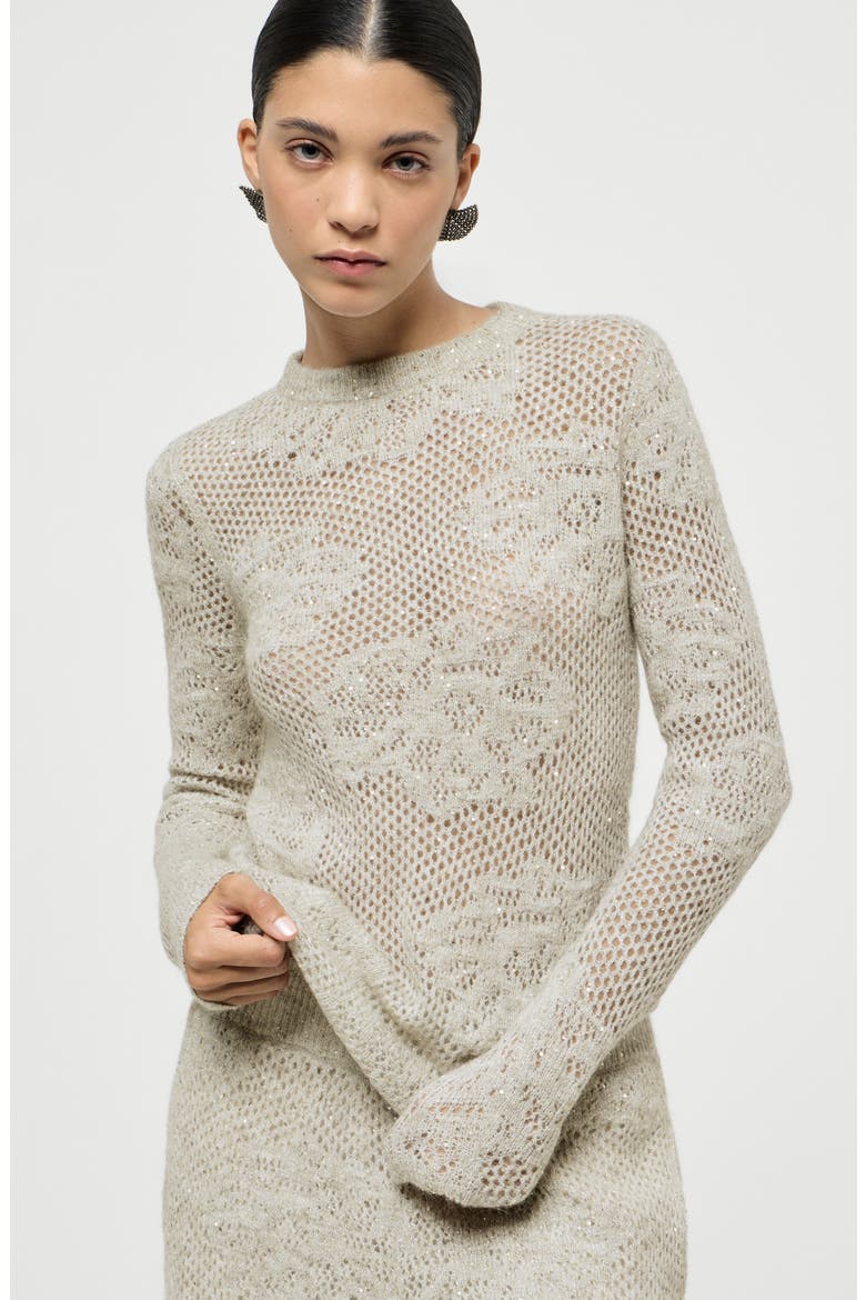 Lace flowers sweater in sparkling mohair and virgin wool, Alternate, color, Ivory