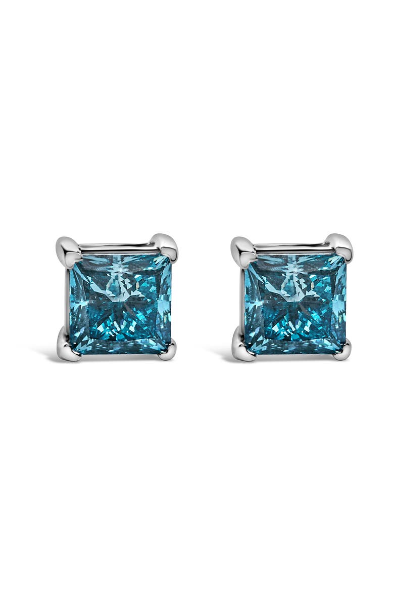 14K White Gold 1.0 Cttw Princess Cut Lab Grown Blue Diamond Solitaire Stud Earrings, Main, color, White Gold