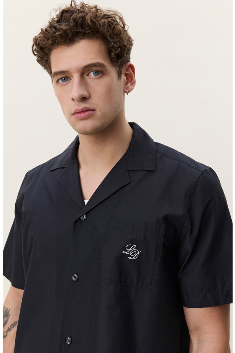 Lace Embroidered Organic Cotton Camp Shirt, Alternate, color, TAP SHOE BLACK