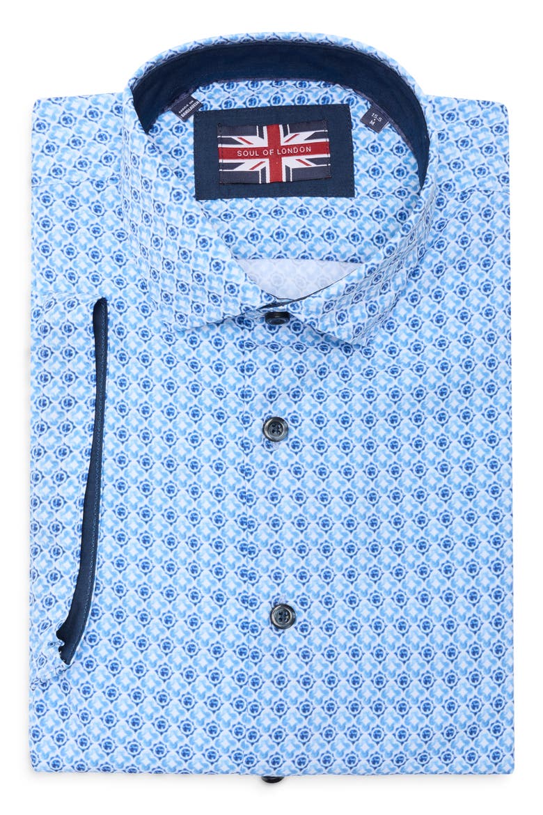 Geometric Print Short Sleeve Button-Up Shirt, Alternate, color, BLUE/ BLEU
