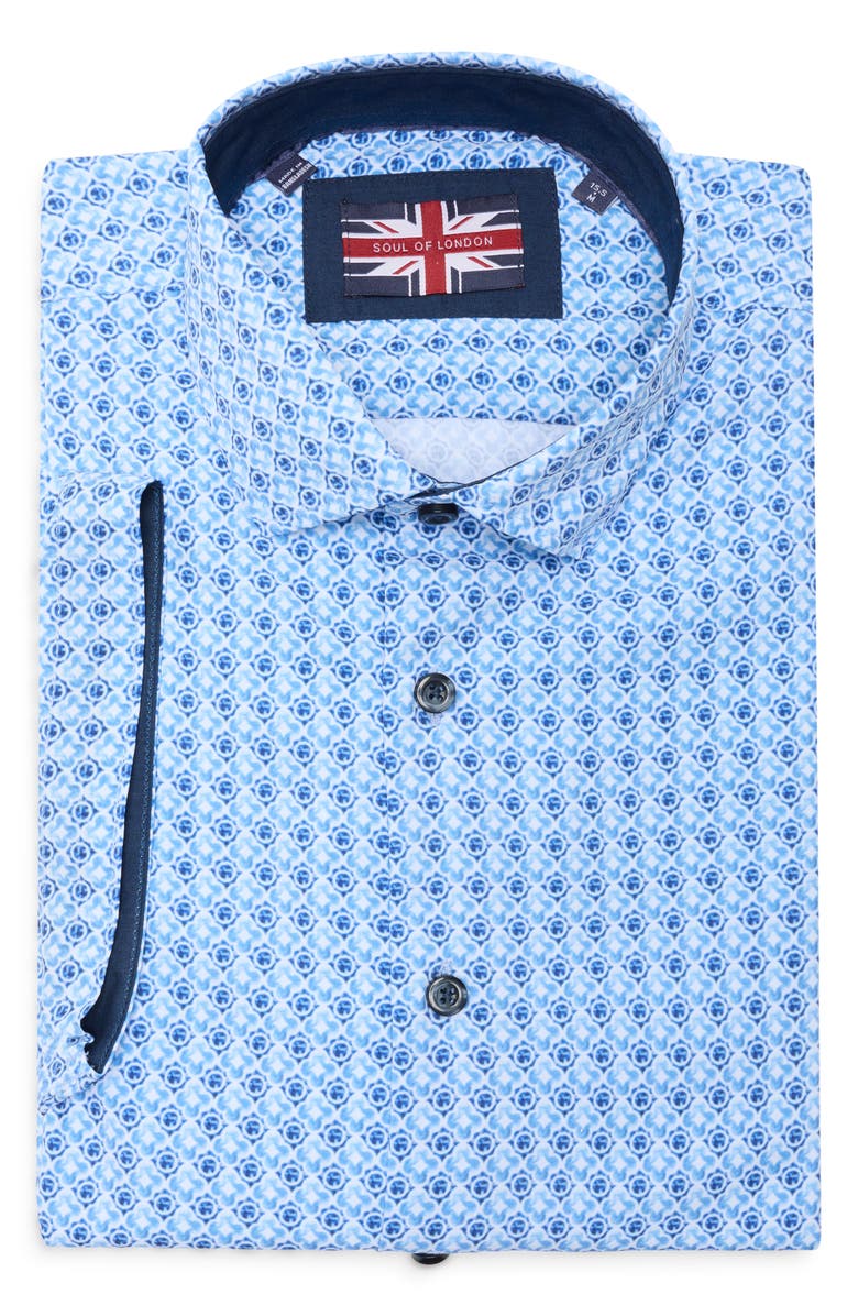 SOUL OF LONDON Geometric Print Short Sleeve Button-Up Shirt, Alternate, color, Blue/ Bleu