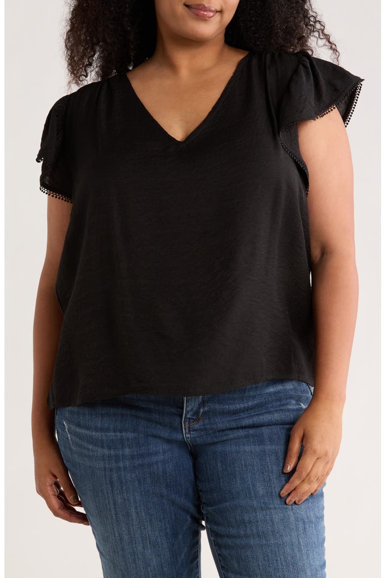 V-Neck Flutter Sleeve Top, Main, color, BLACK