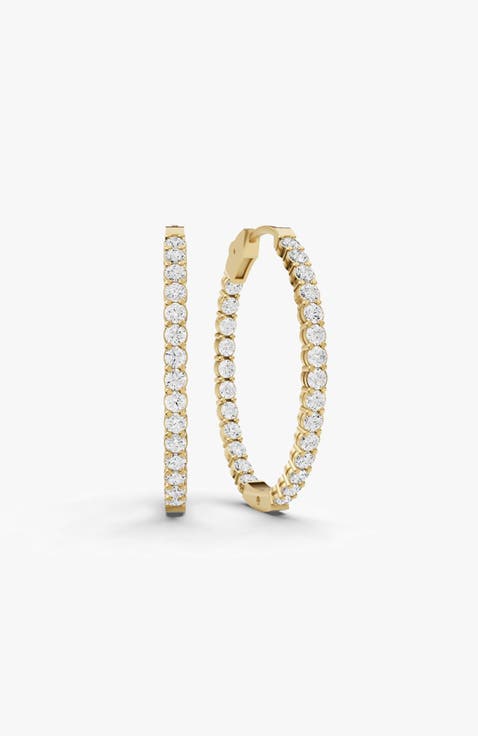 14K Gold 10 ct Earrings Oval In & Out Diamond Hoops
