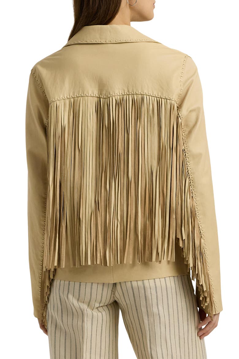 Fringe Trim Lambskin Leather Shirt Jacket, Alternate, color, DESERT CREAM