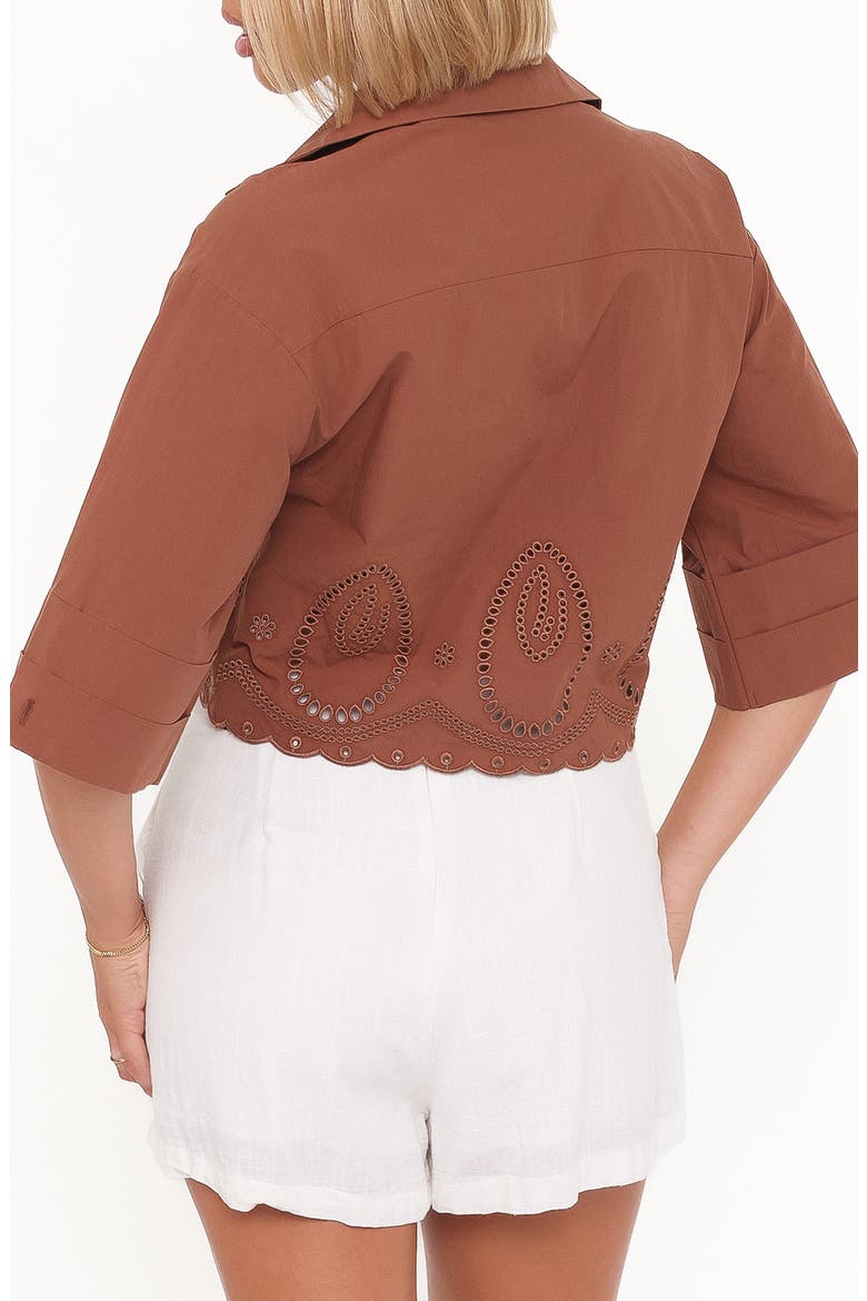 Williams Eyelet Scalloped Hem Crop Button-Up Shirt, Alternate, color, BROWN