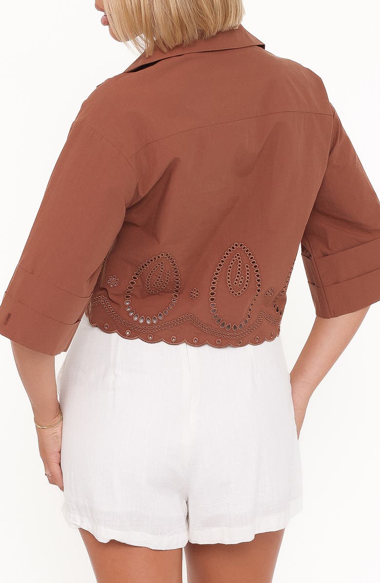 Petal & Pup Williams Eyelet Scalloped Hem Crop Button-Up Shirt, Alternate, color, Brown