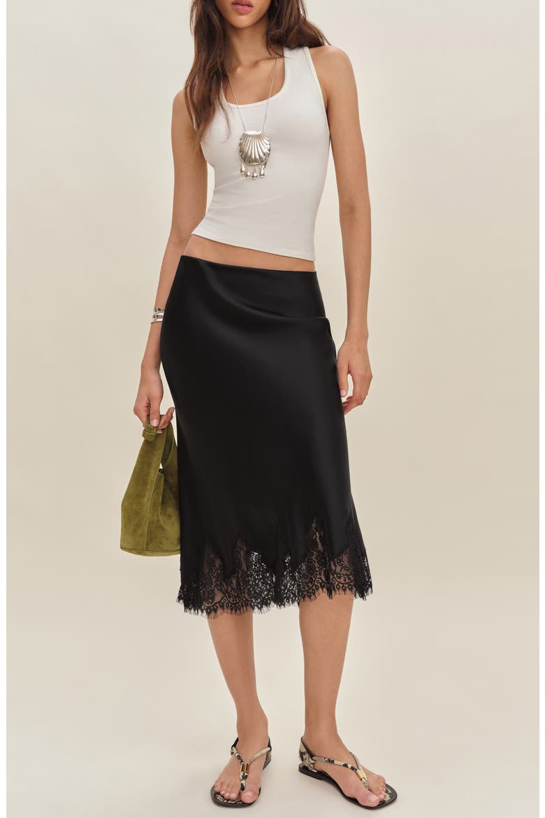 Carolina Lace Trim Silk Midi Skirt, Alternate, color, BLACK