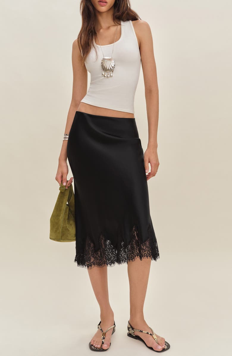 Reformation Carolina Lace Trim Silk Midi Skirt, Alternate, color,
