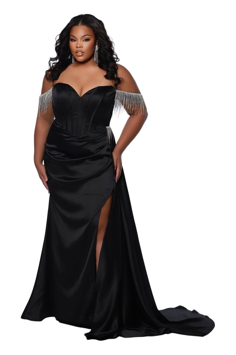 Sweetheart Neckline Fitted Satin Corset Plus Size Evening Gown, Main, color, Onyx