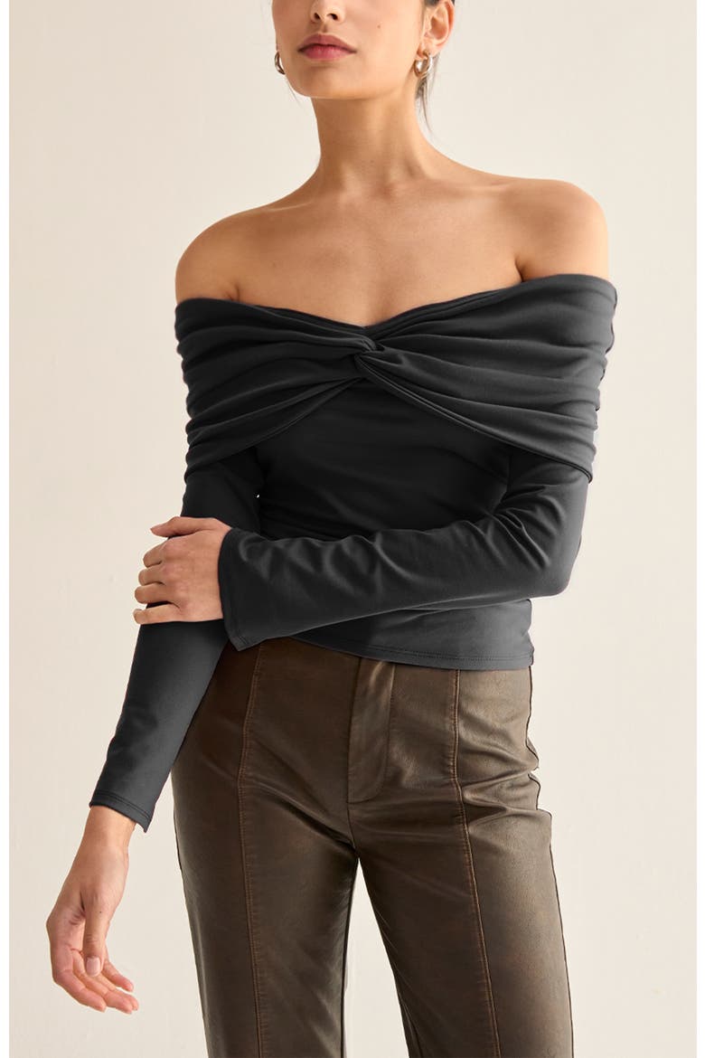 Front Twist Off Shoulder Knit Top, Main, color, Black