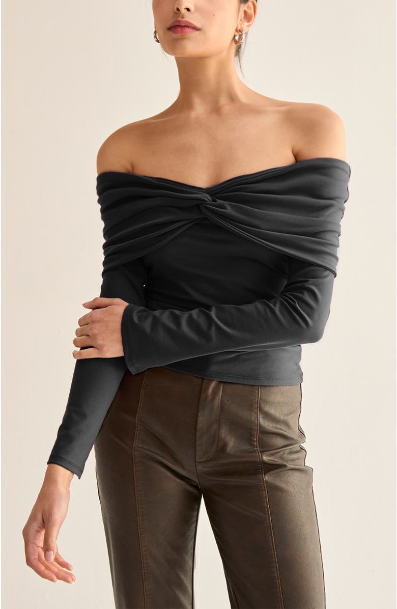 CRESCENT Front Twist Off Shoulder Knit Top, Main, color, Black