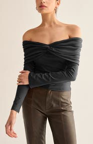 CRESCENT Front Twist Off Shoulder Knit Top