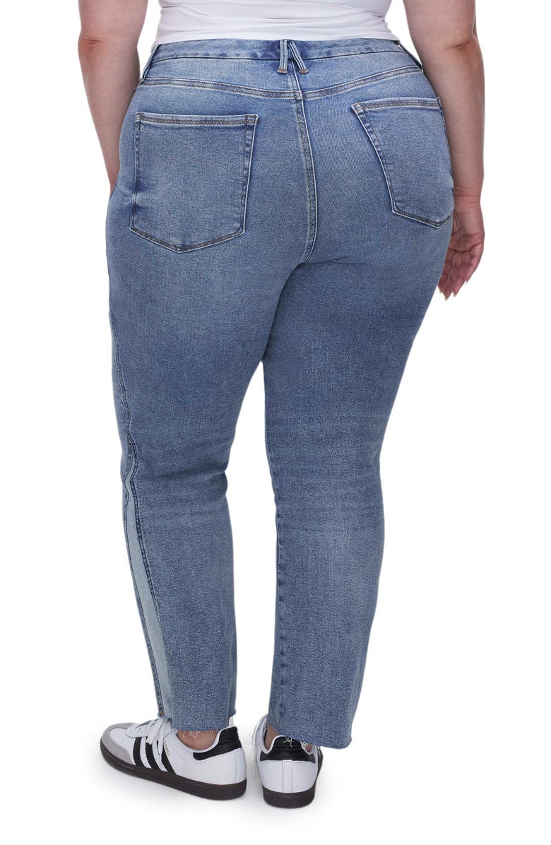 Good American Good Curve Pieced Raw Hem High Waist Ankle Straight Leg Jeans, Alternate, color,