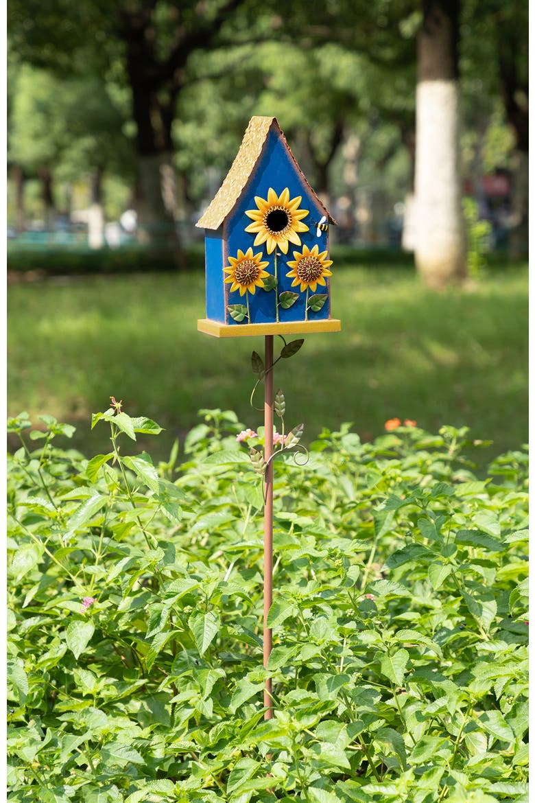 52"H Metal Daisy Decorative Garden Birdhouse with Stake, Alternate, color, Blue
