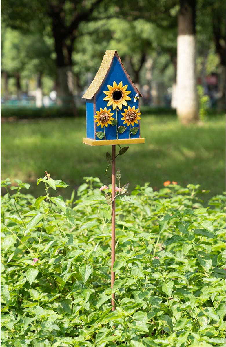 Glitzhome 52"H Metal Daisy Decorative Garden Birdhouse with Stake, Alternate, color, Blue