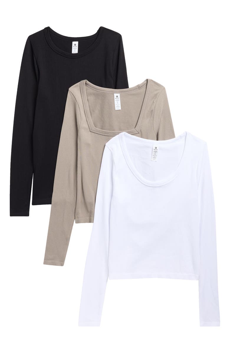 90 DEGREE BY REFLEX Assorted 3-Pack Leighton Rib Seamless T-Shirts, Main, color, Satellite/ White/ Black