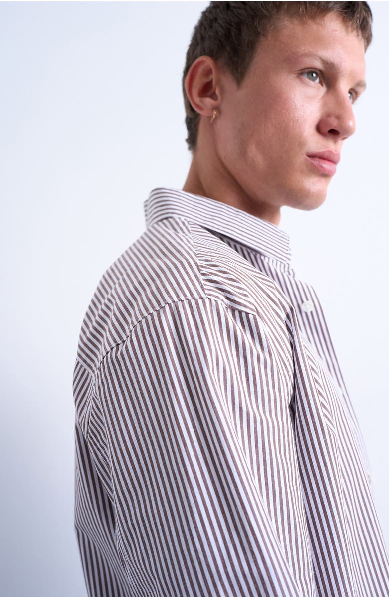 Topman Relaxed Fit Stripe Button-Up Shirt, Alternate, color, Brown