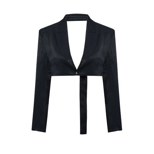 Pcfg Linen Blend Crop Shiny Woven Jacket In Black