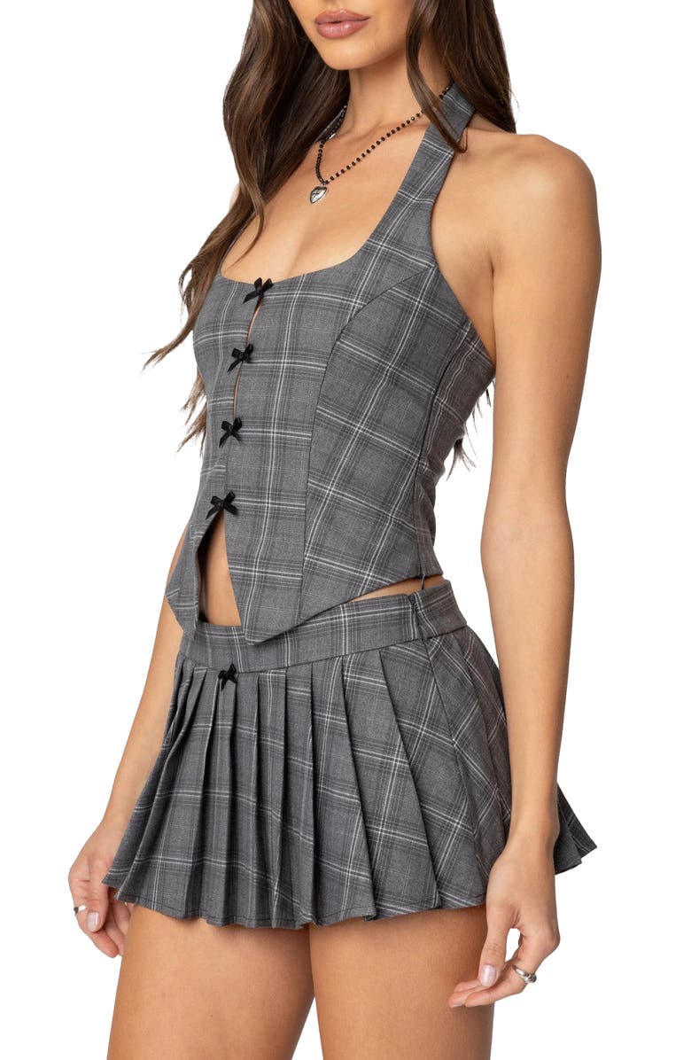 EDIKTED Palmer Bow Detail Plaid Halter Top, Alternate, color, Gray