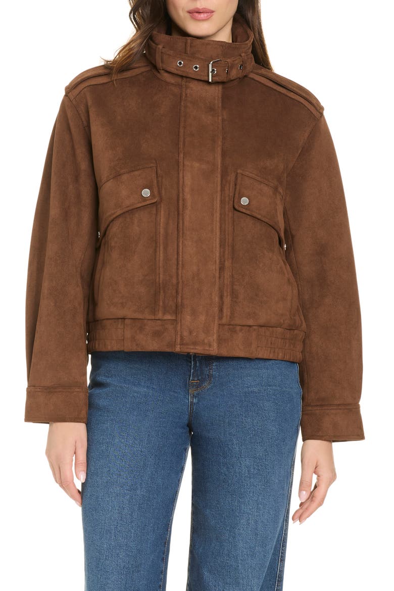 Mia Faux Suede Bomber Jacket, Main, color, CARAMEL