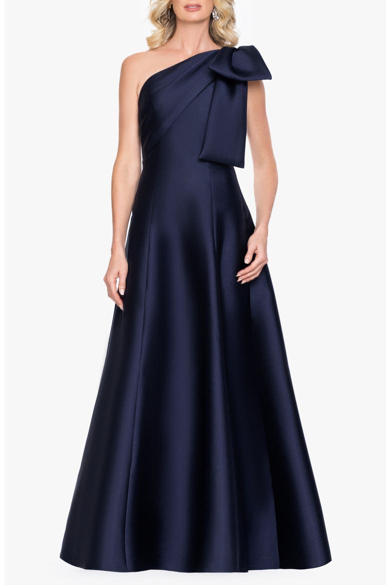 Bow Detail One-Shoulder Mikado Fit & Flare Gown, Main, color, NAVY