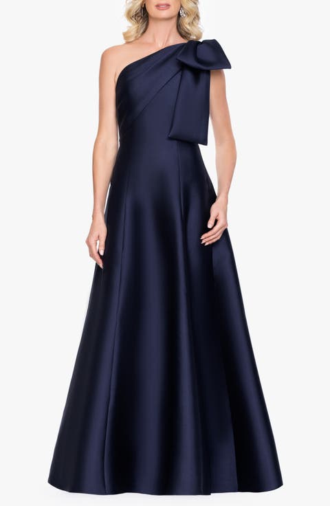 Bow Detail One-Shoulder Mikado Fit & Flare Gown