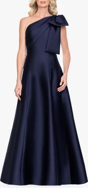 Betsy & Adam Bow Detail One-Shoulder Mikado Fit & Flare Gown