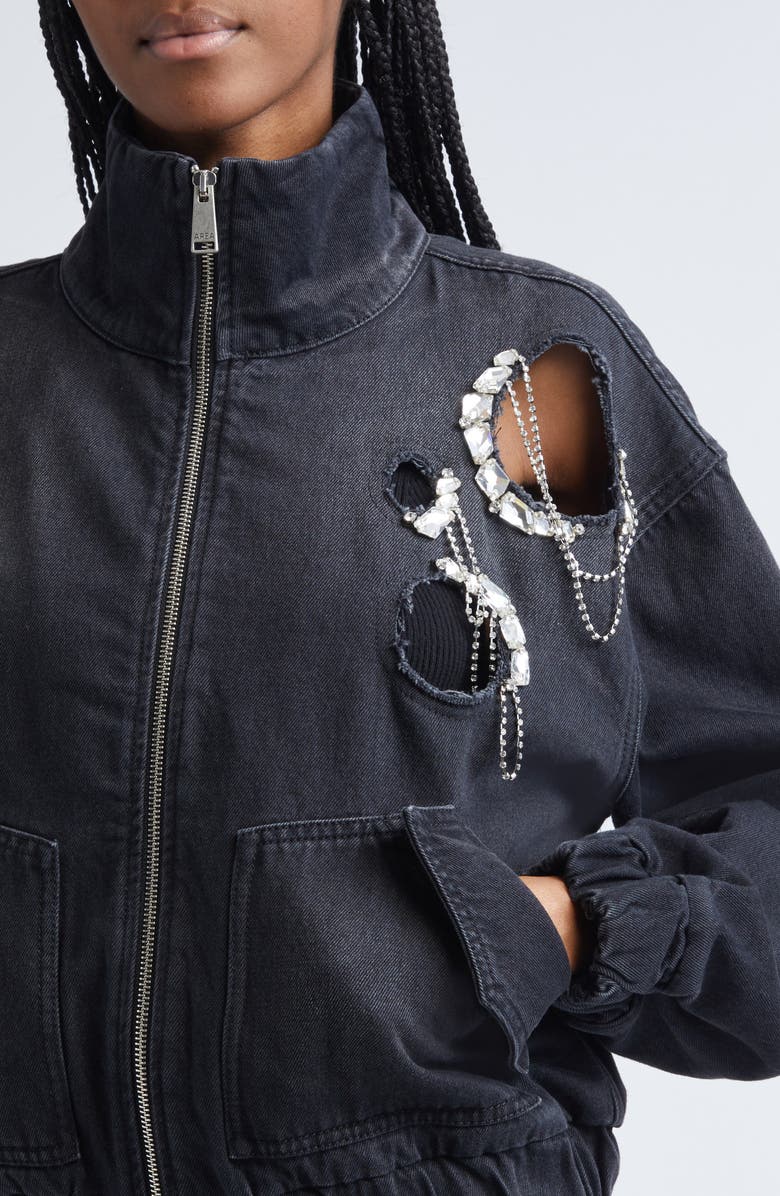 Area Crystal Chain Cutout Denim Bomber Jacket, Alternate, color, Washed Black