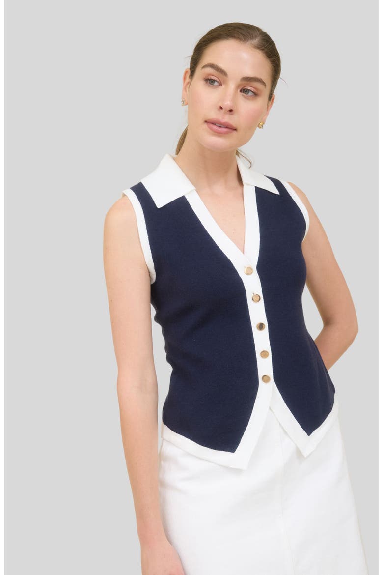 Sleeveless Button-Up Sweater, Alternate, color, NAVY/ WHITE