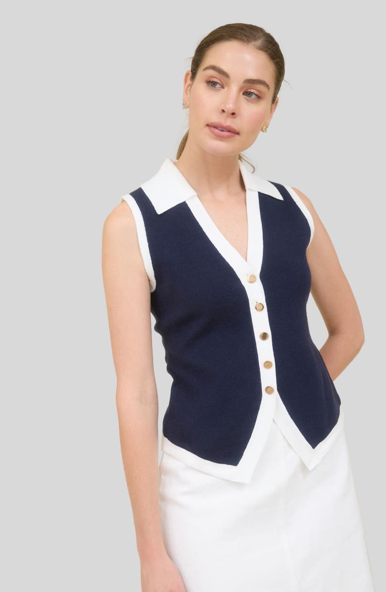 ZOE AND CLAIRE Sleeveless Button-Up Sweater, Alternate, color, Navy/ White