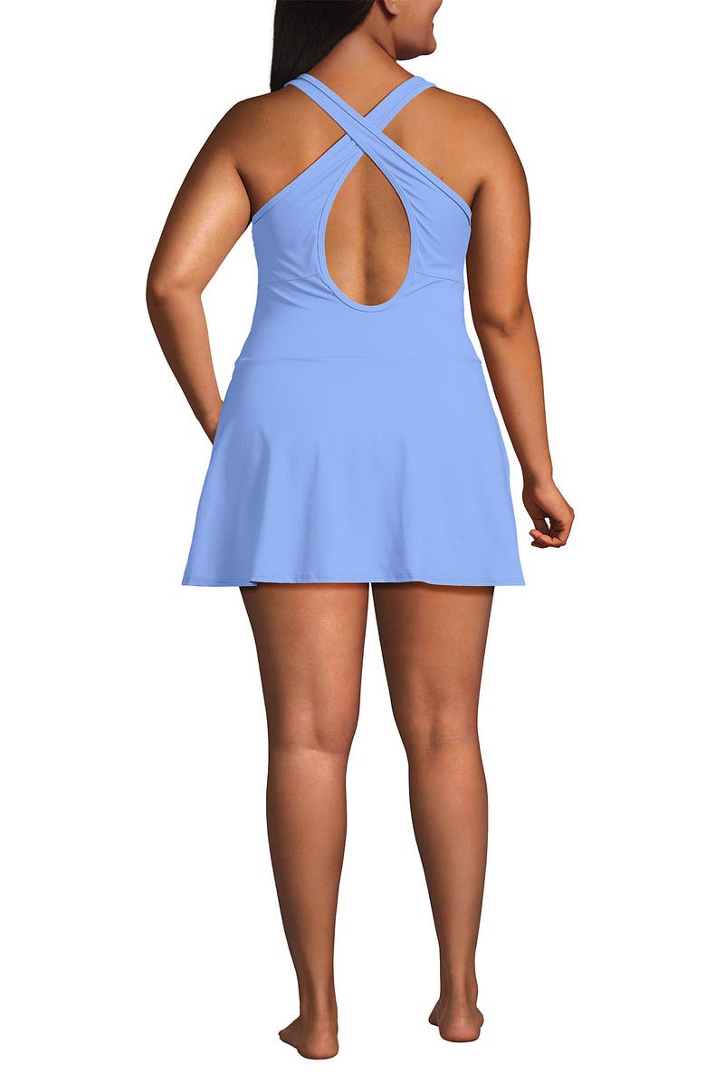 Lands' End Plus Size Tugless High Neck Swim Dress Swimsuit, Alternate, color, Clear Blue Sky