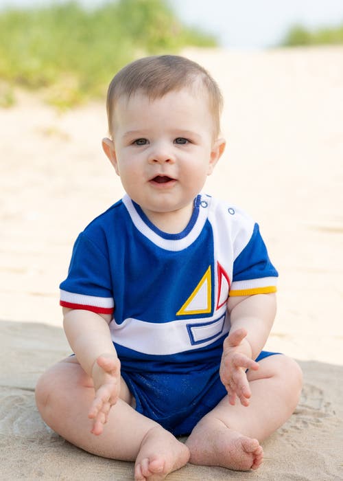 Florence Eiseman Pique Knit Shortall With Sailboat In Blue