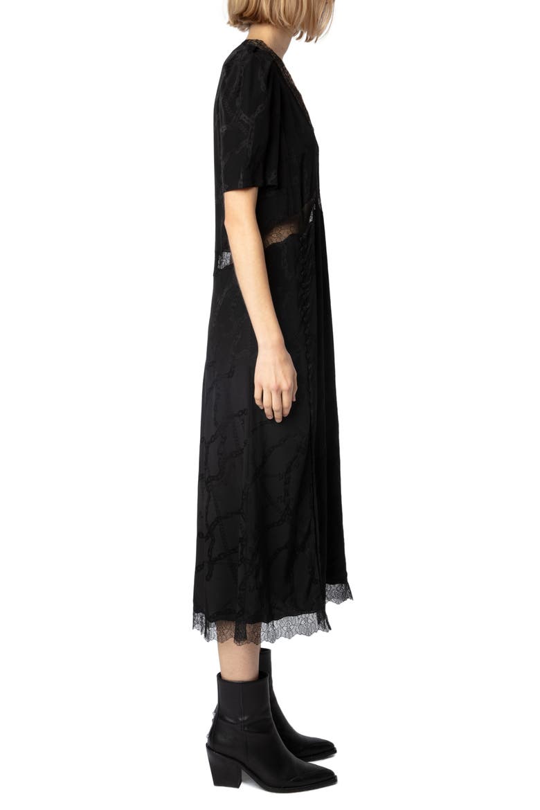 Redox Jac Chaines Lace Trim Silk Dress, Alternate, color, NOIR