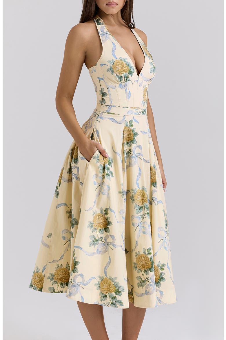 Allena Floral Halter Stretch Cotton Midi Sundress, Alternate, color, YELLOW ROSE PRINT