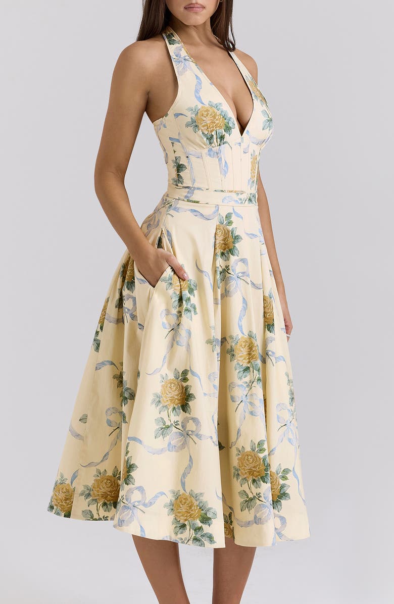 HOUSE OF CB Allena Floral Halter Stretch Cotton Midi Sundress, Alternate, color, Yellow Rose Print