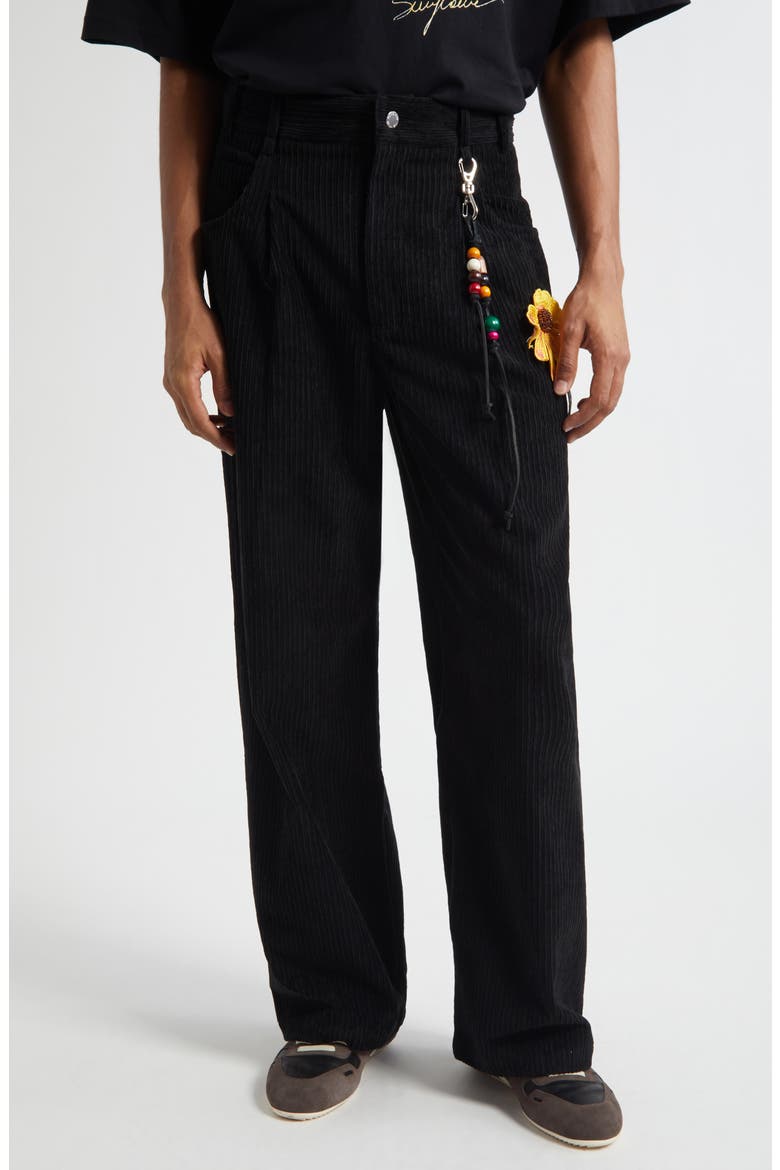 Pleated Embellished Flower Patch Corduroy Pants, Main, color, BLACK