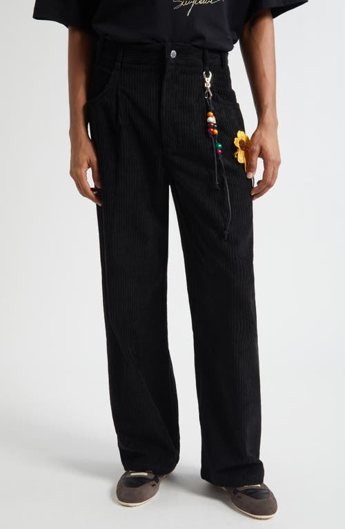 SONG FOR THE MUTE Pleated Embellished Flower Patch Corduroy Pants in Black  product