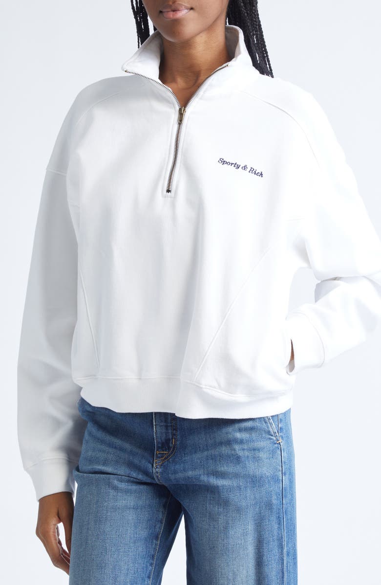 Sporty & Rich Eden Crest Quarter-Zip Cotton Fleece Sweatshirt, Alternate, color, White