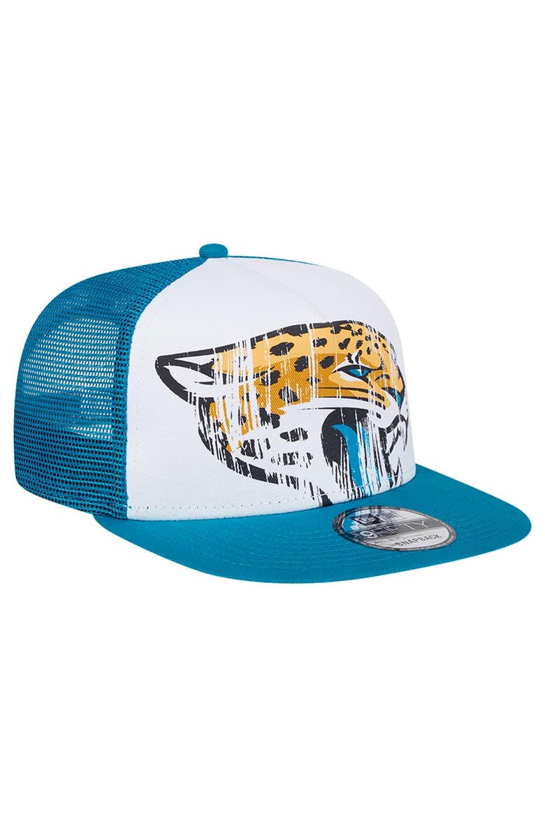 New Era Men's New Era White/Teal Jacksonville Jaguars Distressed 9FIFTY A-Frame Snapback Hat, Alternate, color, White