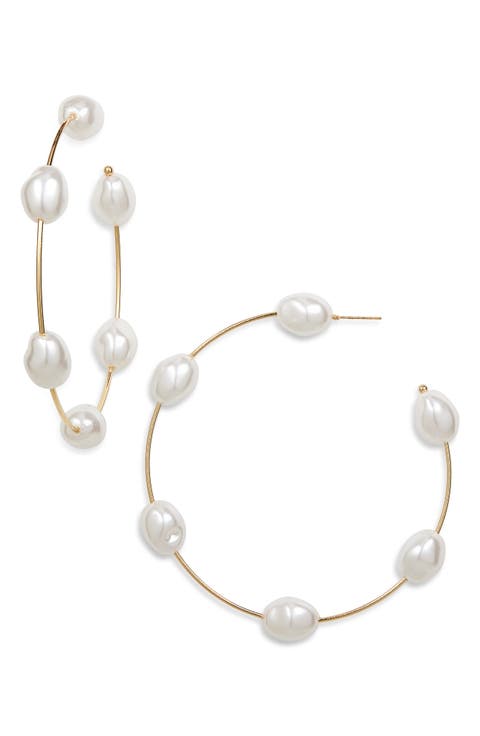 Faux Pearl Open Hoop Earrings