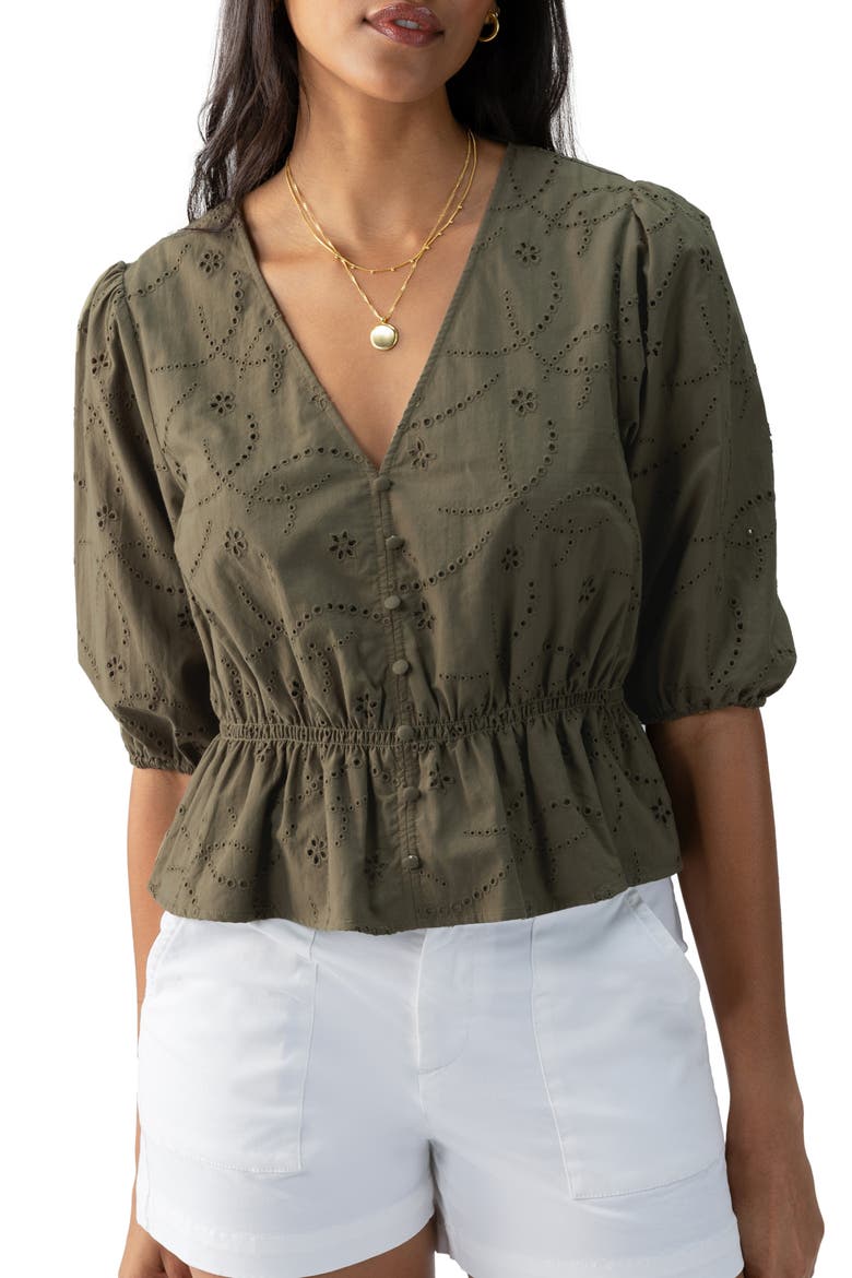 Eyelet Embroidered Peplum Cotton Top, Main, color, BURNT OLIVE