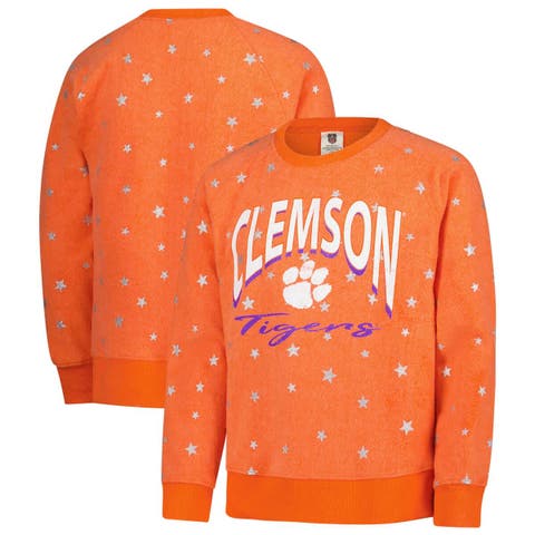 Girls Youth Wes & Willy  Orange Clemson Tigers Shimmer Star Reverse Sweatshirt