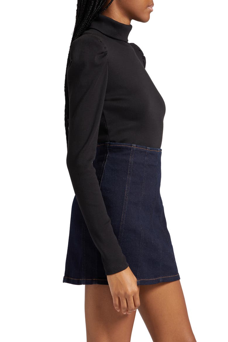 Cedar Rib Puff Sleeve Cotton Turtleneck, Alternate, color, BLACK