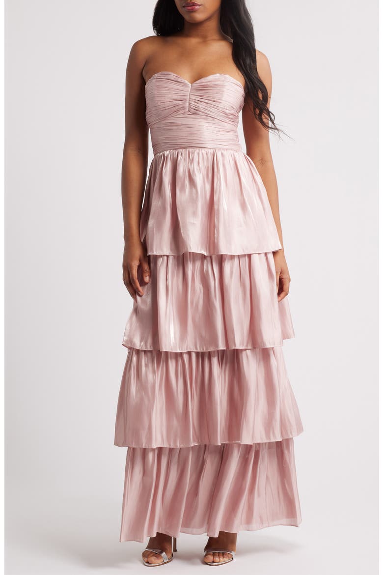 lulus pink tiered dress Shiny Pink Organza Dress - Tiered Maxi Dress - Tie-Strap Dress