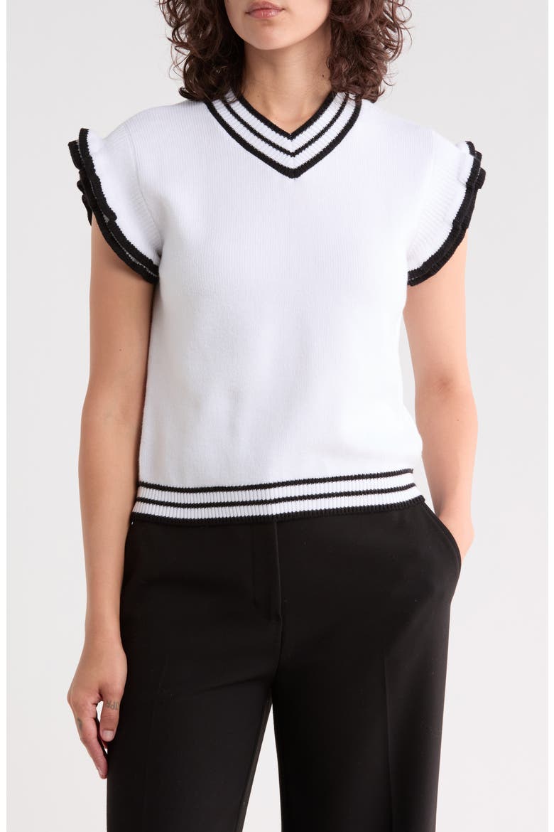 Ruffle Sleeve Stripe Knit Top, Main, color, WHITE BLACK