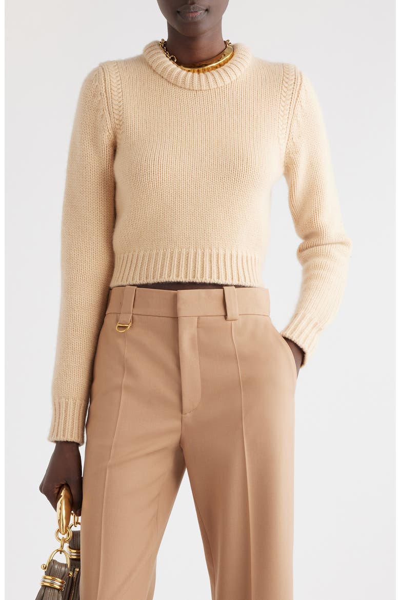 Padded Crewneck Cashmere & Cotton Crop Sweater, Main, color, ULTIMATE NUDE