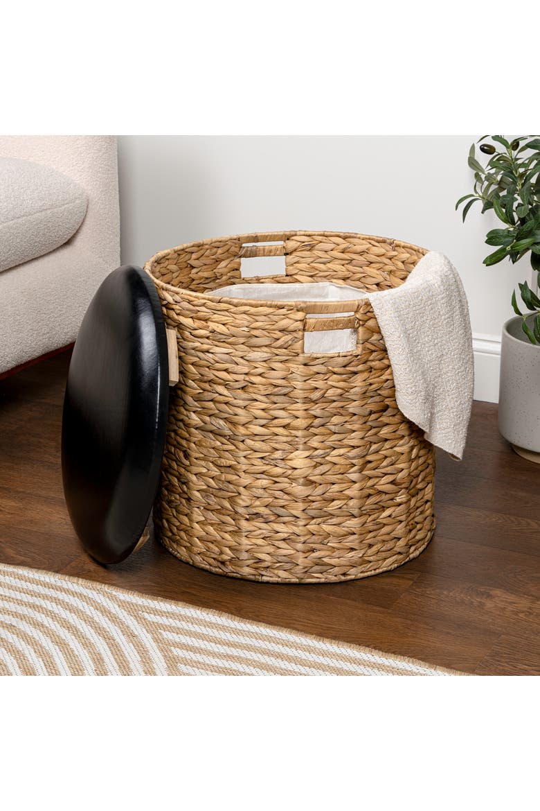 Josie 18" Modern Coastal Hand-Woven Hyacinth Storage Ottoman with Lid, Alternate, color, Natural/Black
