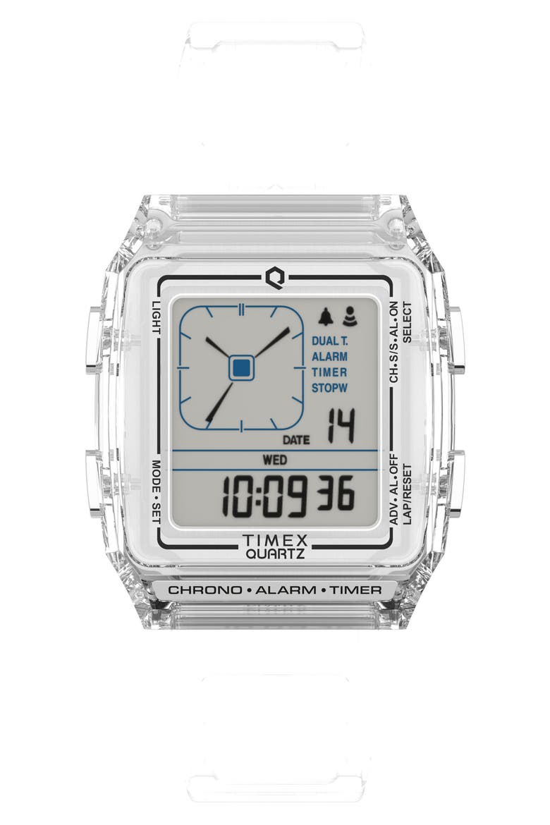 Q Timex Digital LCA Chronograph Resin Strap Watch, 35mm, Main, color, CLEAR